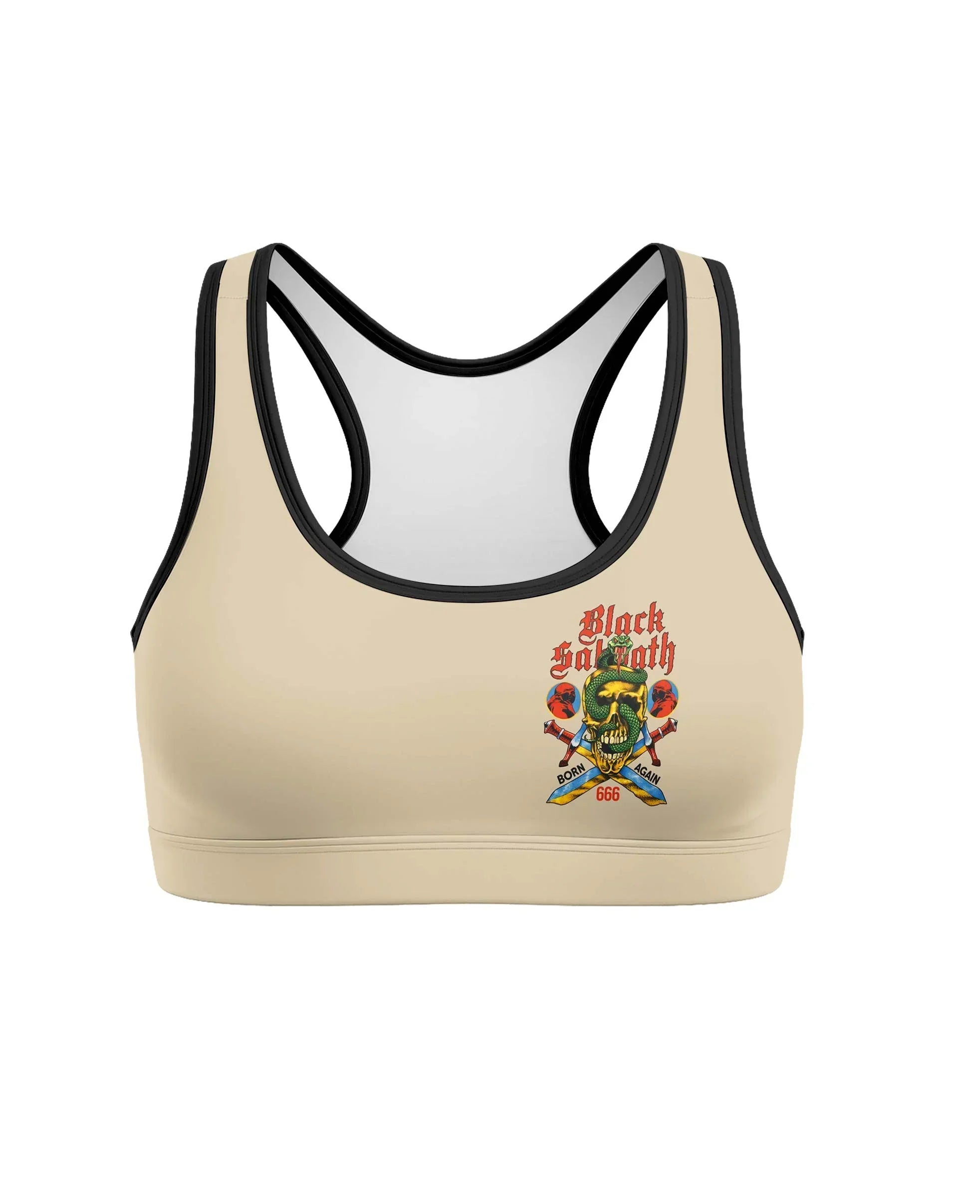 Black Sabbath Born Again Women's Padded Sports Bra - front view mockup
