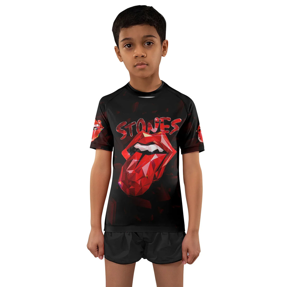 The Rolling Stones Tongue Logo Kids Rash Guard Short Sleeve - boy's lifestyle view