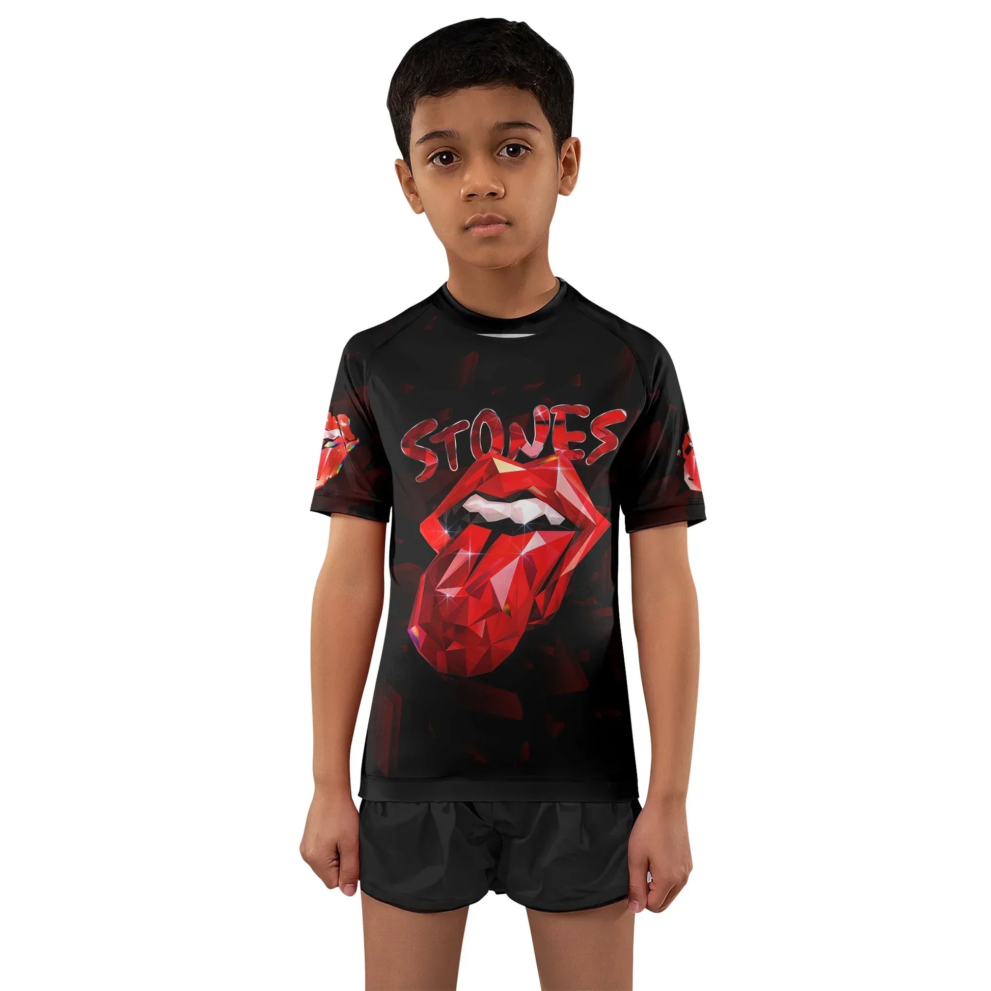 The Rolling Stones Tongue Logo Kids Rash Guard Short Sleeve - boy's lifestyle view