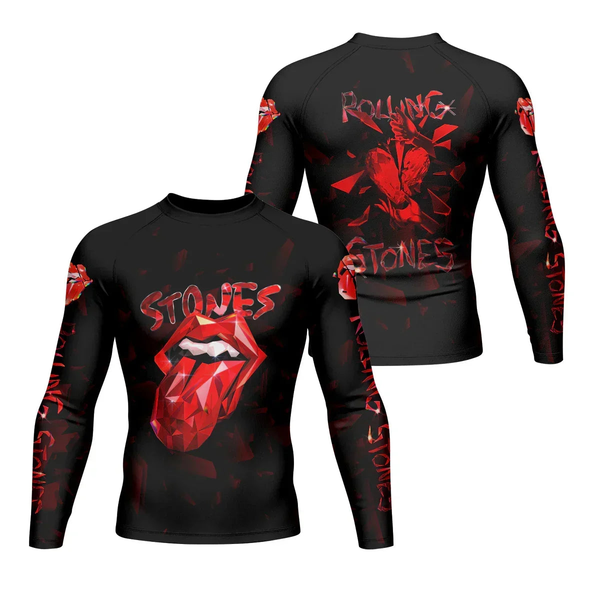 The Rolling Stones Tongue Logo Men's Rash Guard Long Sleeve - front and back view
