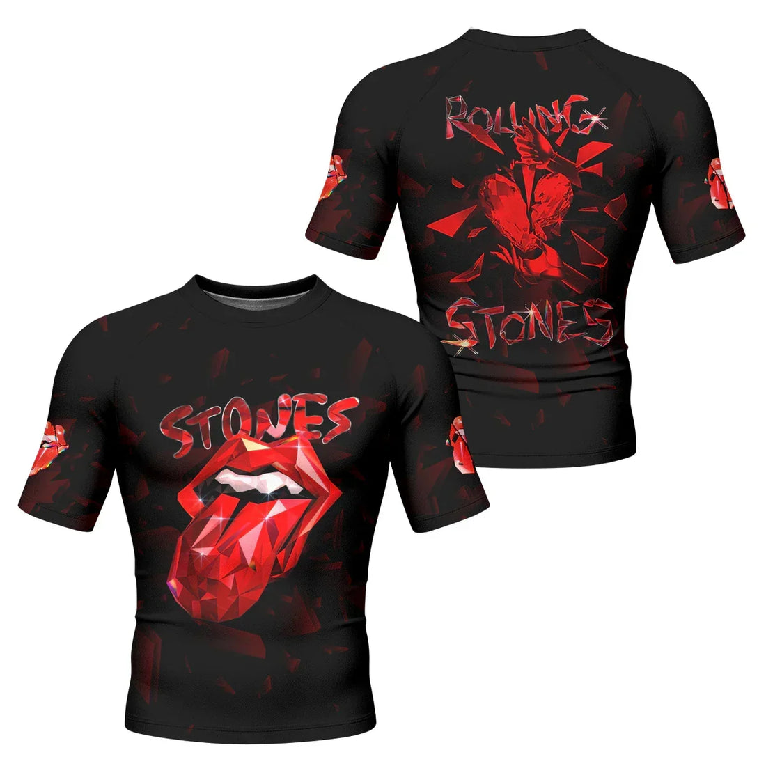 The Rolling Stones Tongue Logo Men's Rash Guard Short Sleeve - front and back view