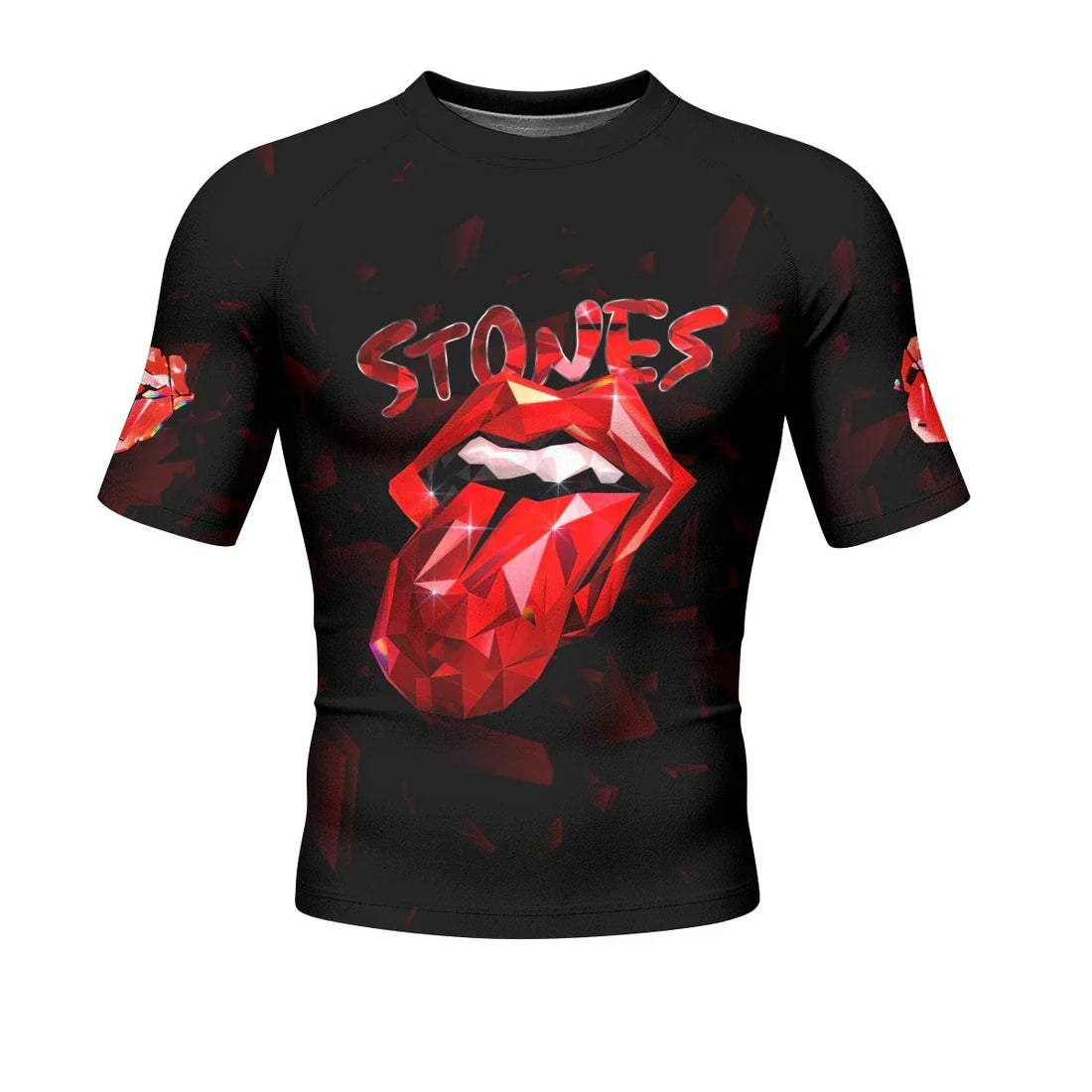 The Rolling Stones Tongue Logo Men's Rash Guard Short Sleeve - front and back view