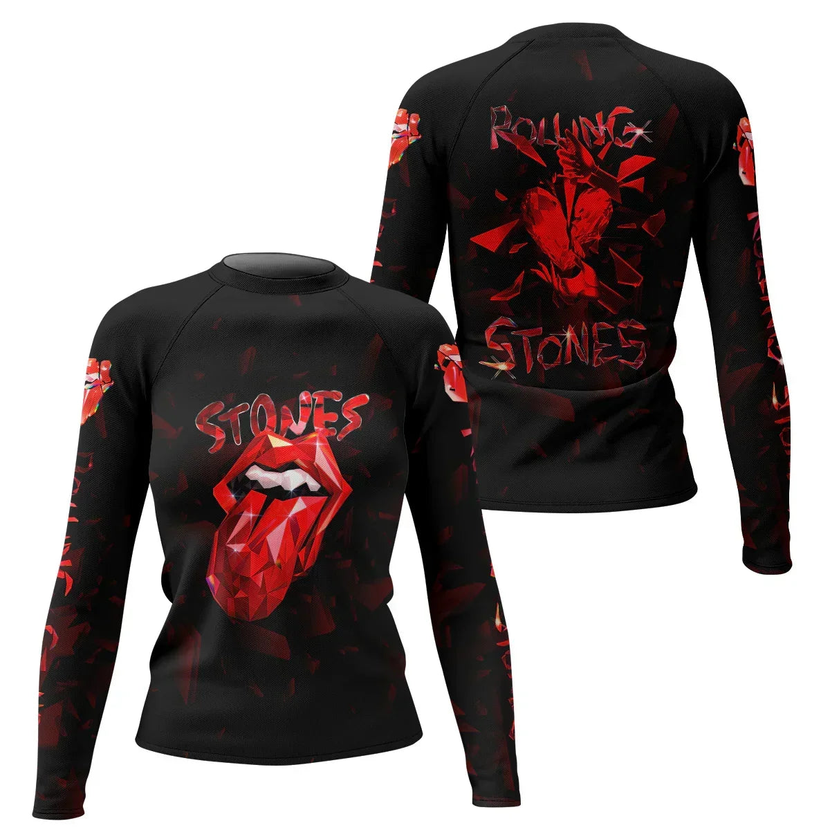 The Rolling Stones Tongue Logo Women's Rash Guard Long Sleeve - front and back view