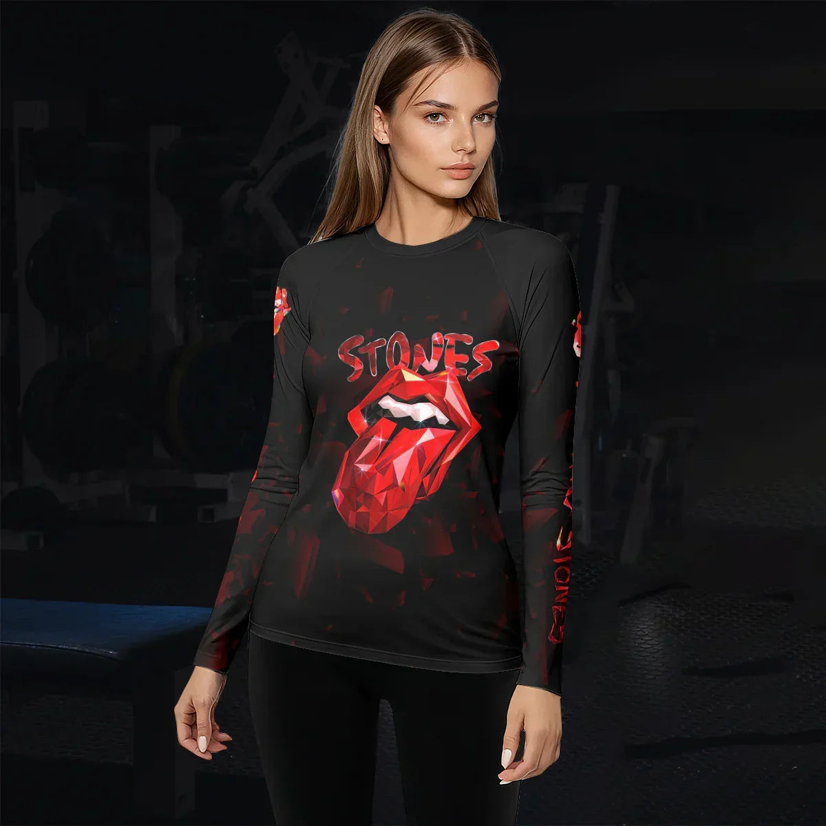 The Rolling Stones Tongue Logo Women's Rash Guard Long Sleeve - lifestyle view
