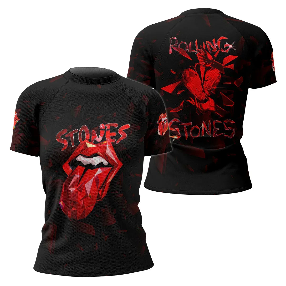 The Rolling Stones Tongue Logo Women's Rash Guard Short Sleeve - front and back view