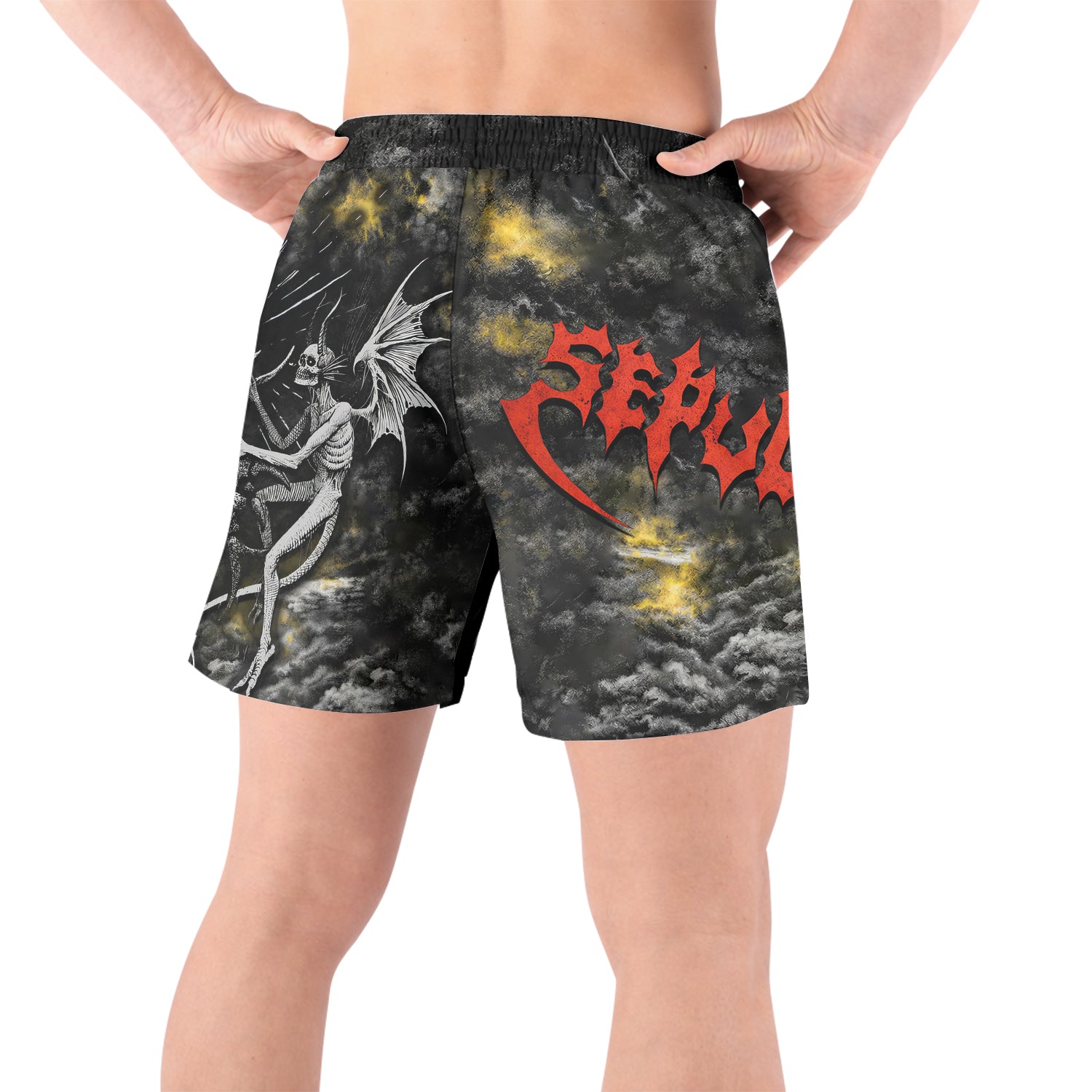Sepultura Demonic Sacrifice Grappling Shorts - back view lifestyle