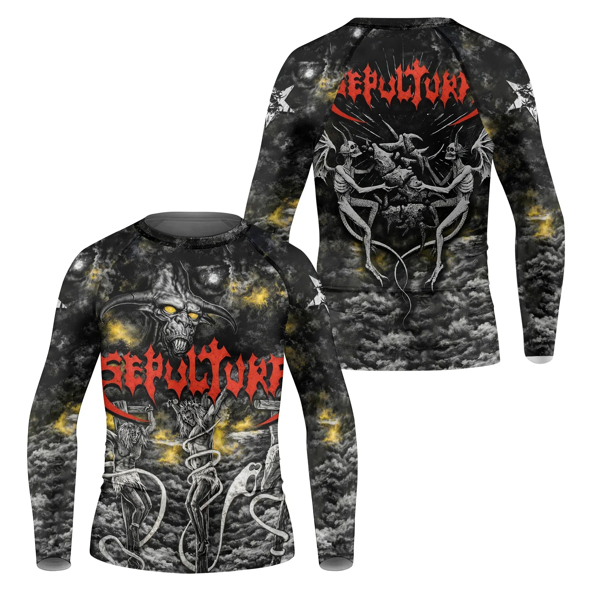 Sepultura Demonic Sacrifice Kids Rash Guard Long Sleeve - front and back view