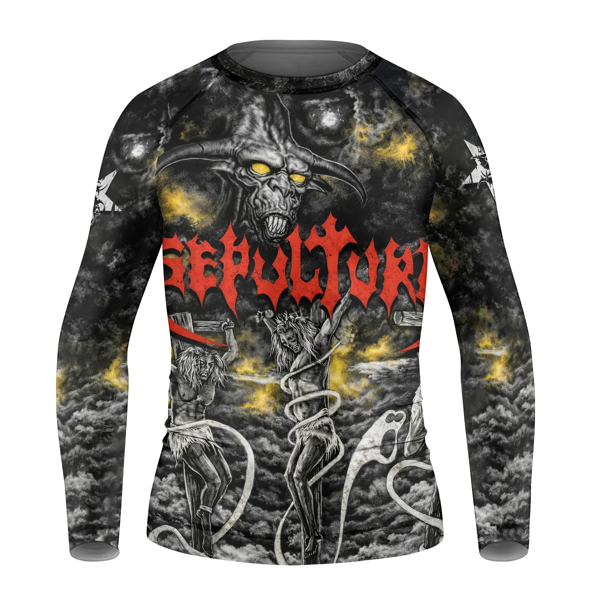 Sepultura Demonic Sacrifice Kids Rash Guard Long Sleeve - front view mockup