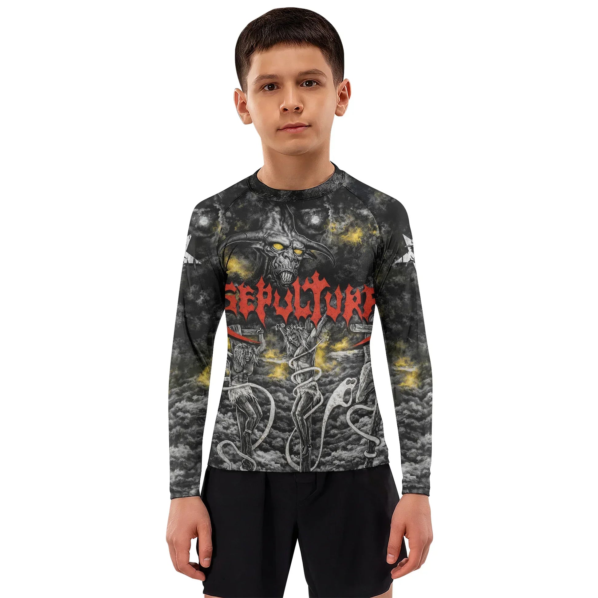 Sepultura Demonic Sacrifice Kids Rash Guard Long Sleeve - boy's lifestyle view