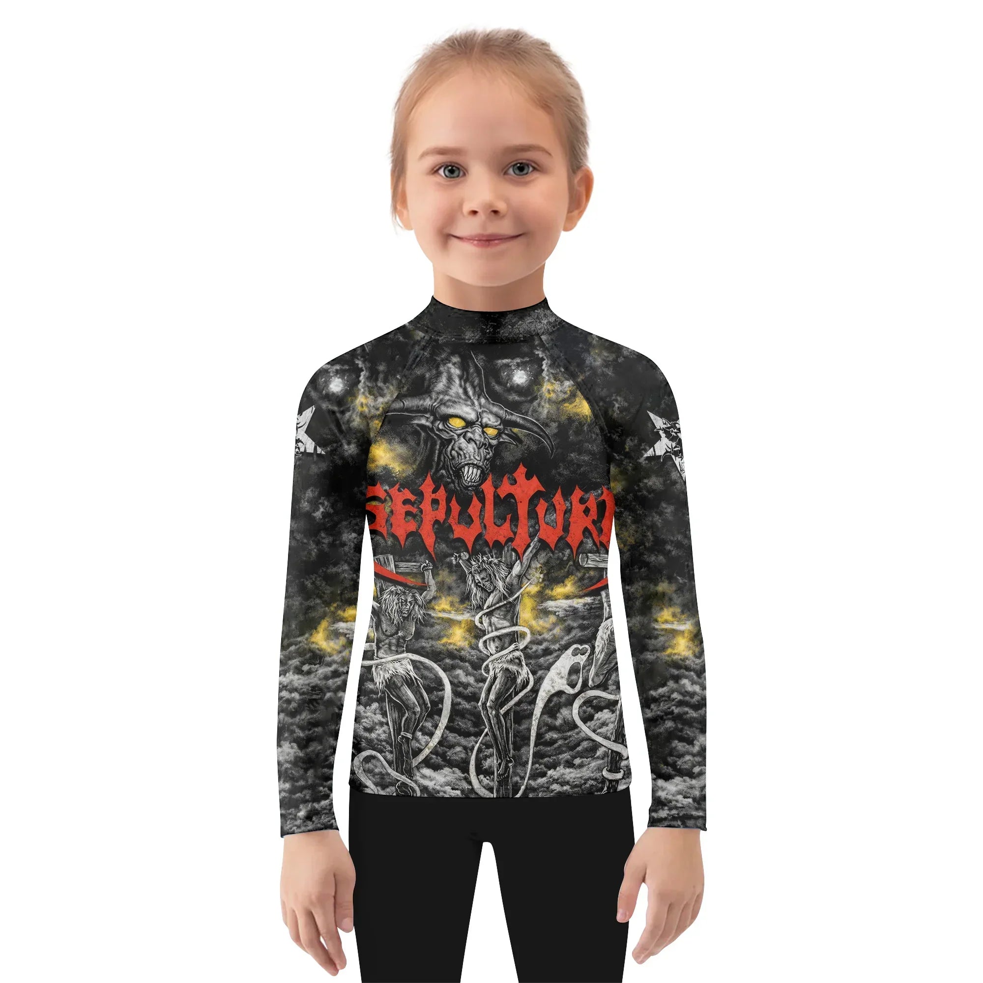 Sepultura Demonic Sacrifice Kids Rash Guard Long Sleeve - girl's lifestyle view