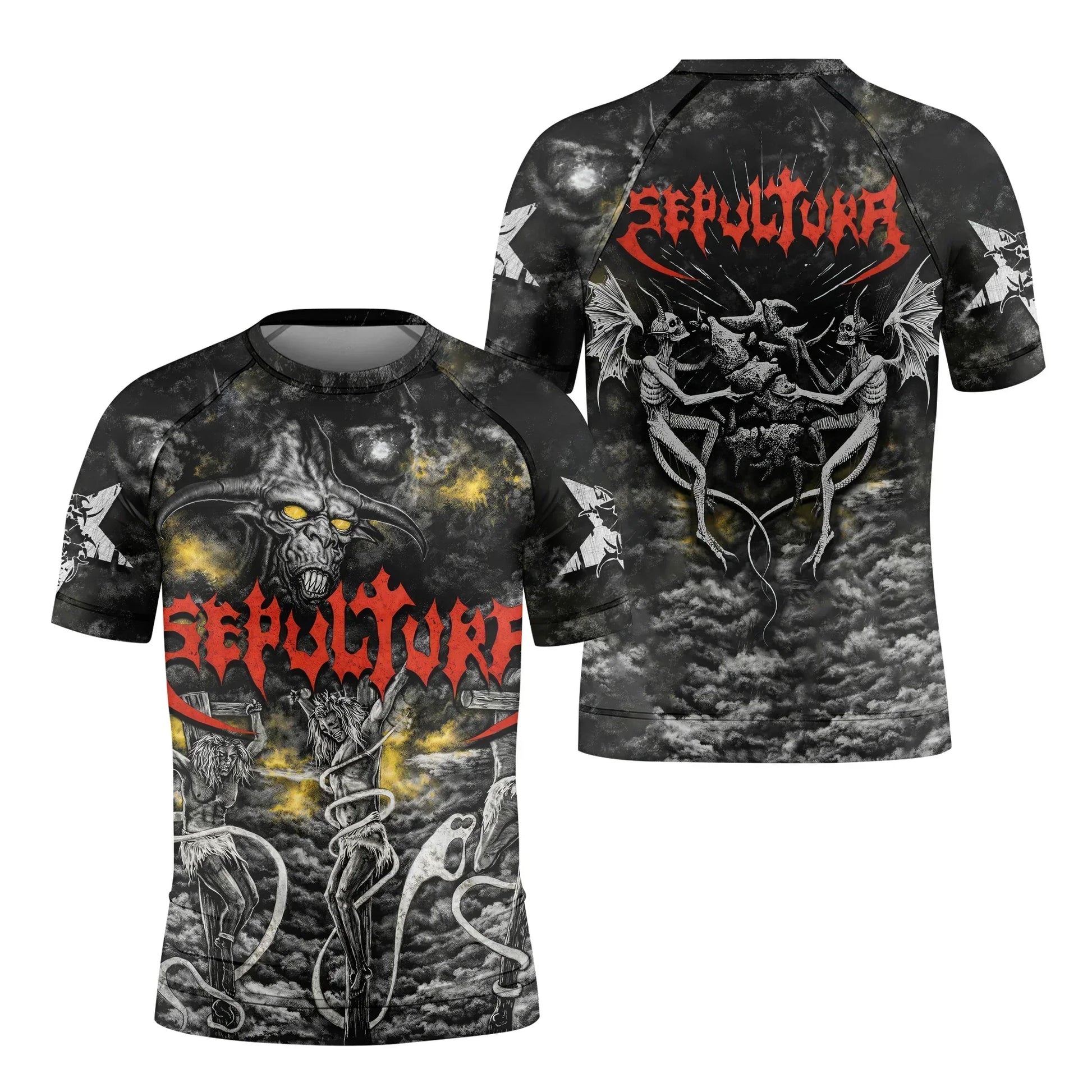 Sepultura Demonic Sacrifice Kids Rash Guard Short Sleeve - front and back view