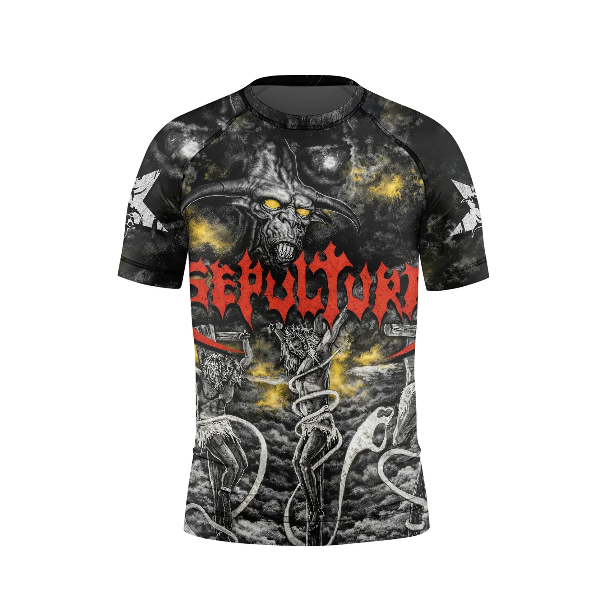 Sepultura Demonic Sacrifice Kids Rash Guard Short Sleeve - front view mockup