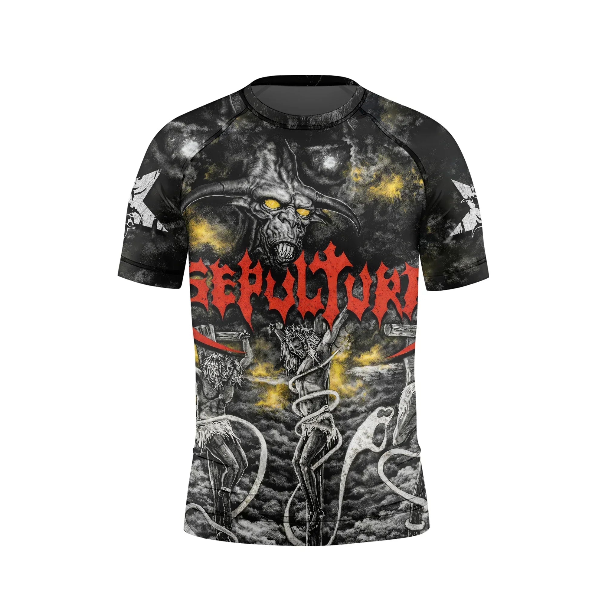 Sepultura Demonic Sacrifice Kids Rash Guard Short Sleeve - front view mockup
