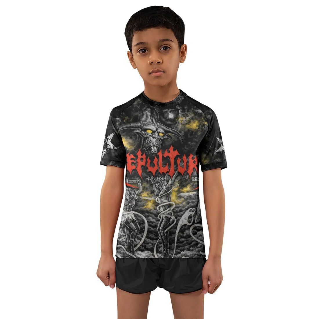Sepultura Demonic Sacrifice Kids Rash Guard Short Sleeve - boy's lifestyle view