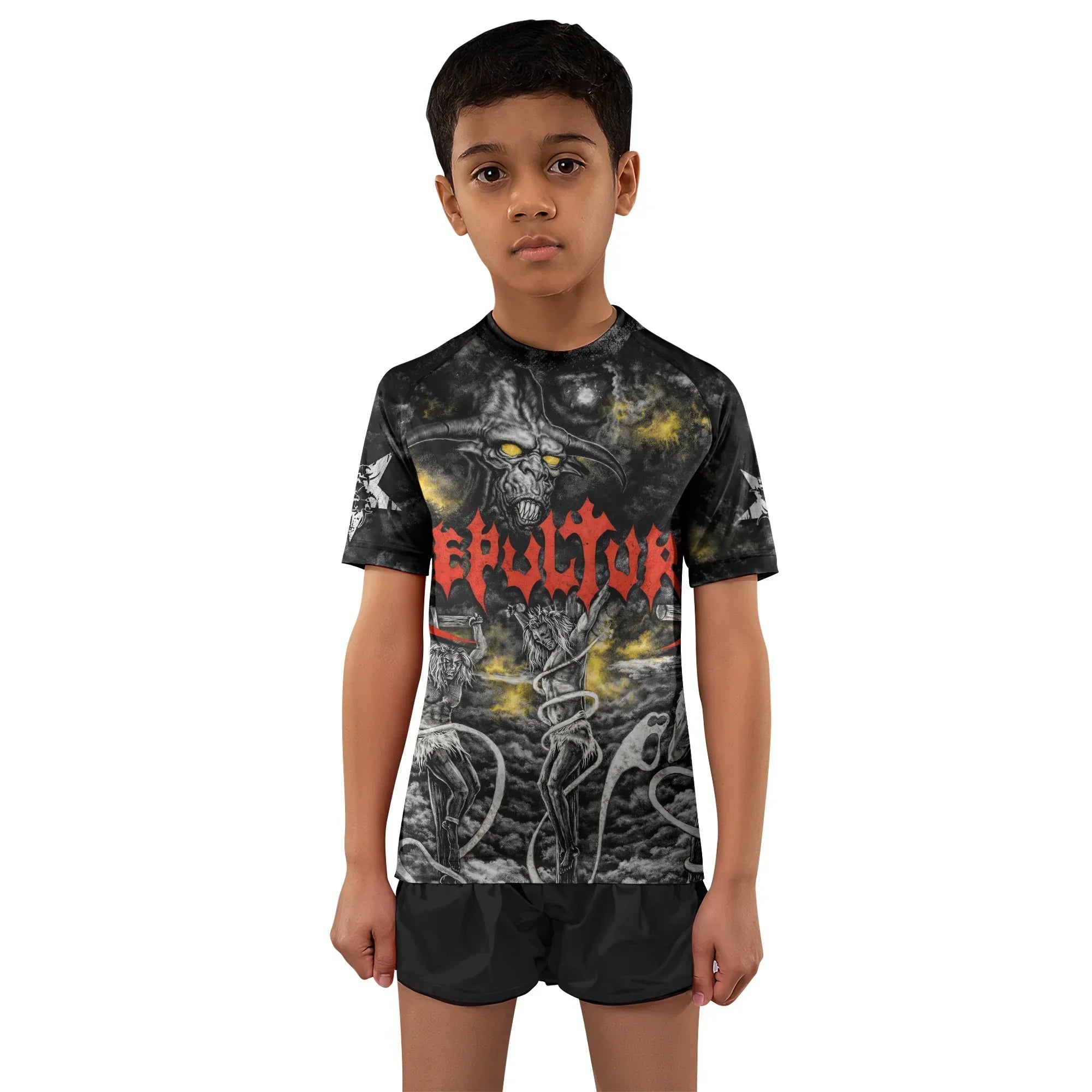 Sepultura Demonic Sacrifice Kids Rash Guard Short Sleeve - boy's lifestyle view