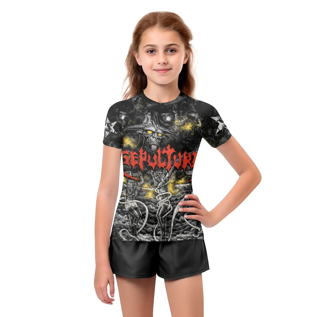 Sepultura Demonic Sacrifice Kids Rash Guard Short Sleeve - boy's lifestyle view