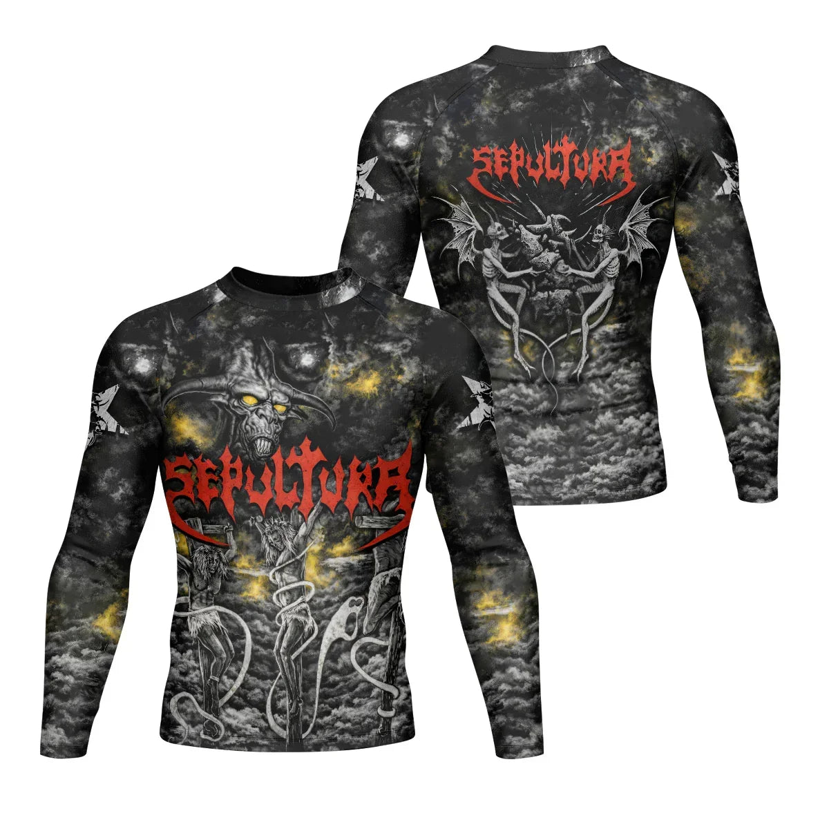 Sepultura Demonic Sacrifice Men's Rash Guard Long Sleeve - front and back view