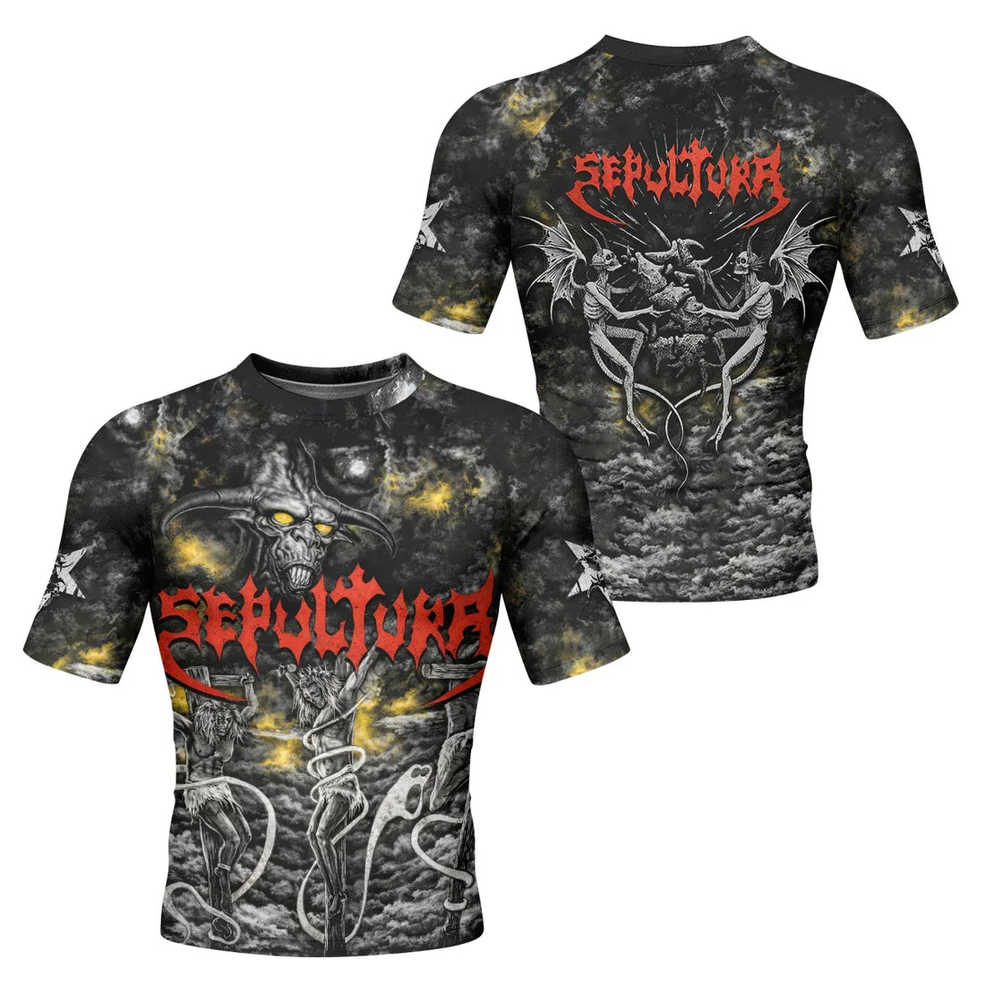 Sepultura Demonic Sacrifice Men's Rash Guard Short Sleeve - front and back view