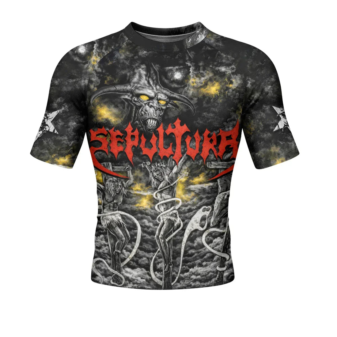 Sepultura Demonic Sacrifice Men's Rash Guard Short Sleeve - front and back view