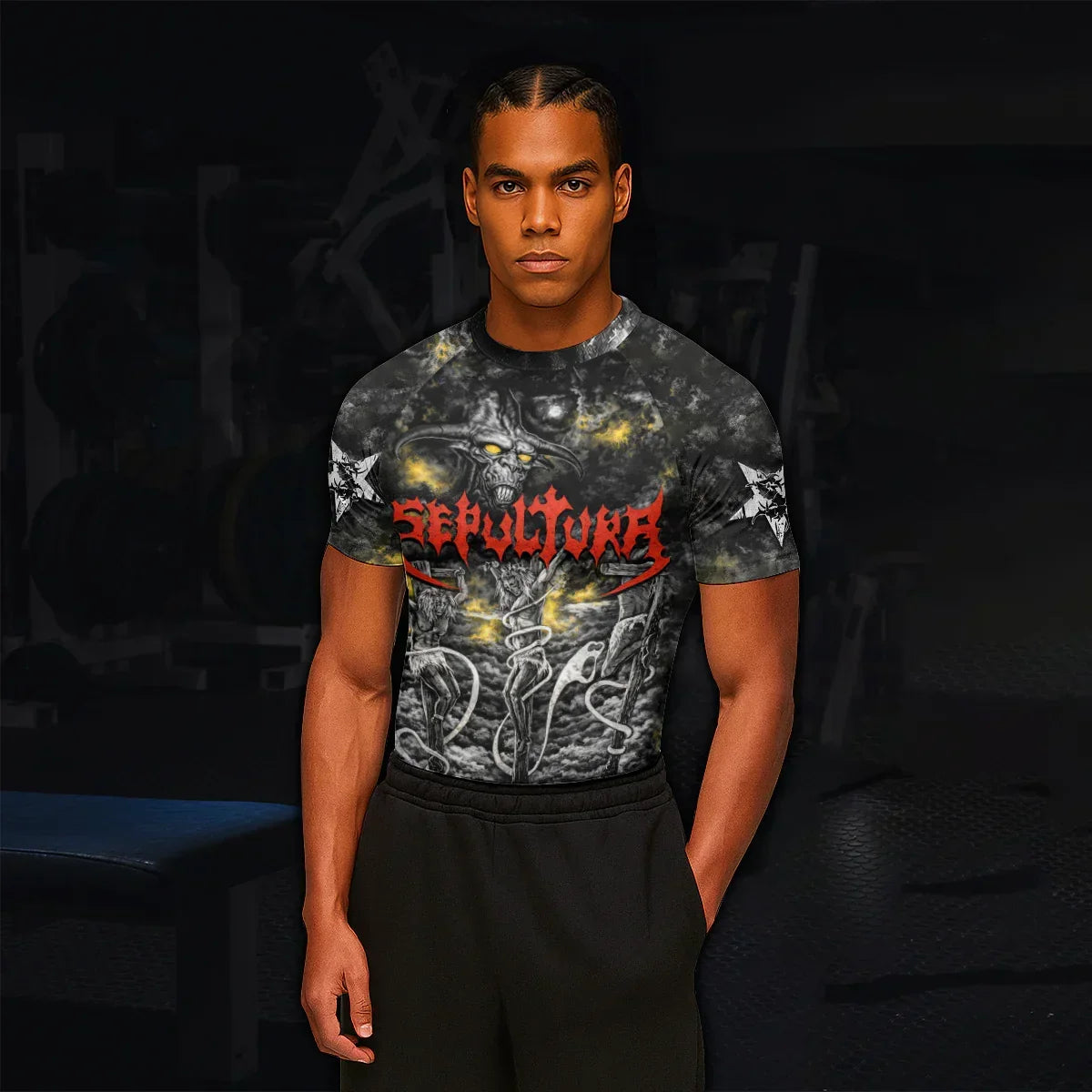Sepultura Demonic Sacrifice Men's Rash Guard Short Sleeve - lifestyle view