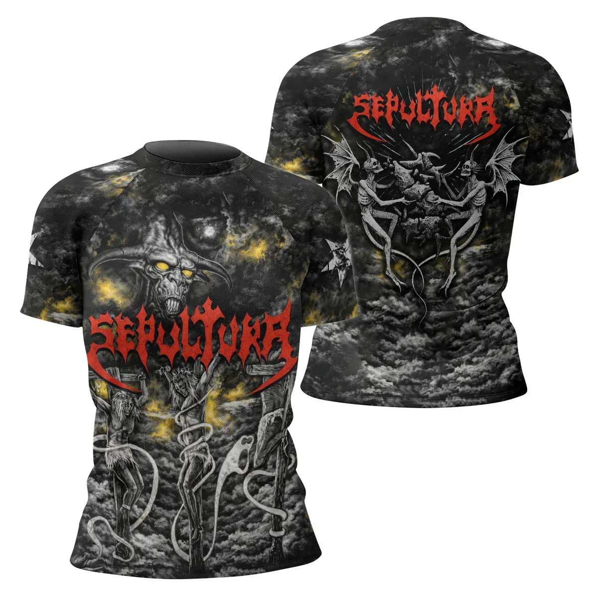 Sepultura Demonic Sacrifice Women's Rash Guard Short Sleeve - front and back view