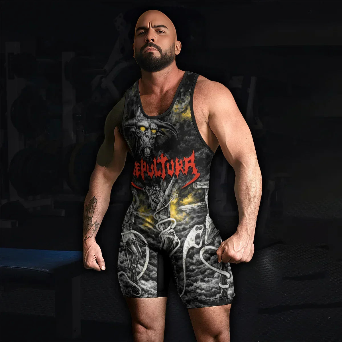 Sepultura Demonic Sacrifice Wrestling Singlet - men's lifestyle view