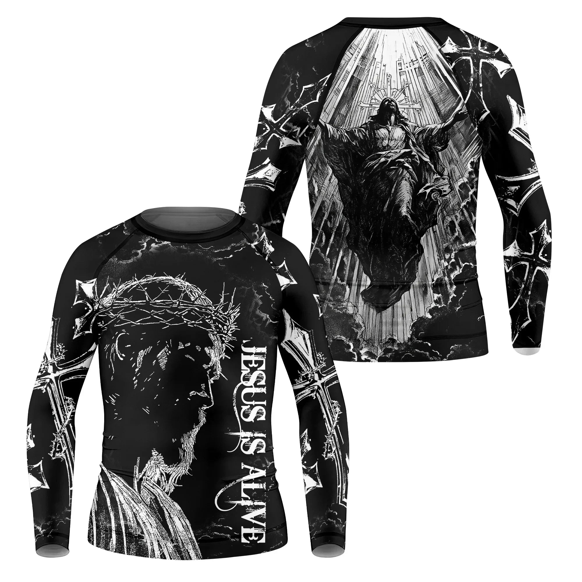 Jesus Is Alive Kids Rash Guard Long Sleeve - front and back view