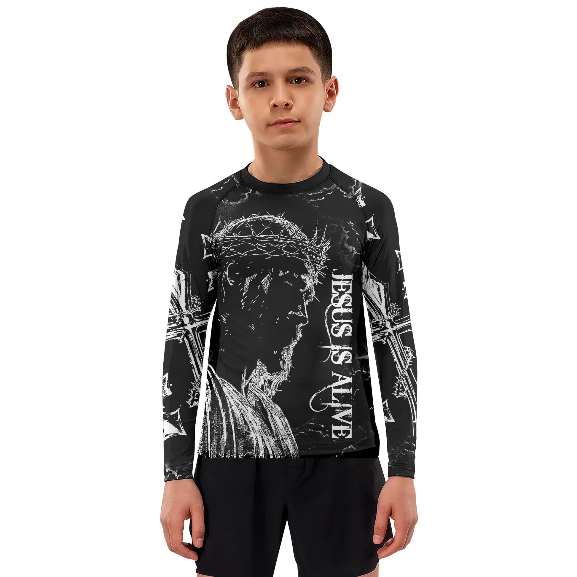 Jesus Is Alive Kids Rash Guard Long Sleeve - boy's lifestyle view