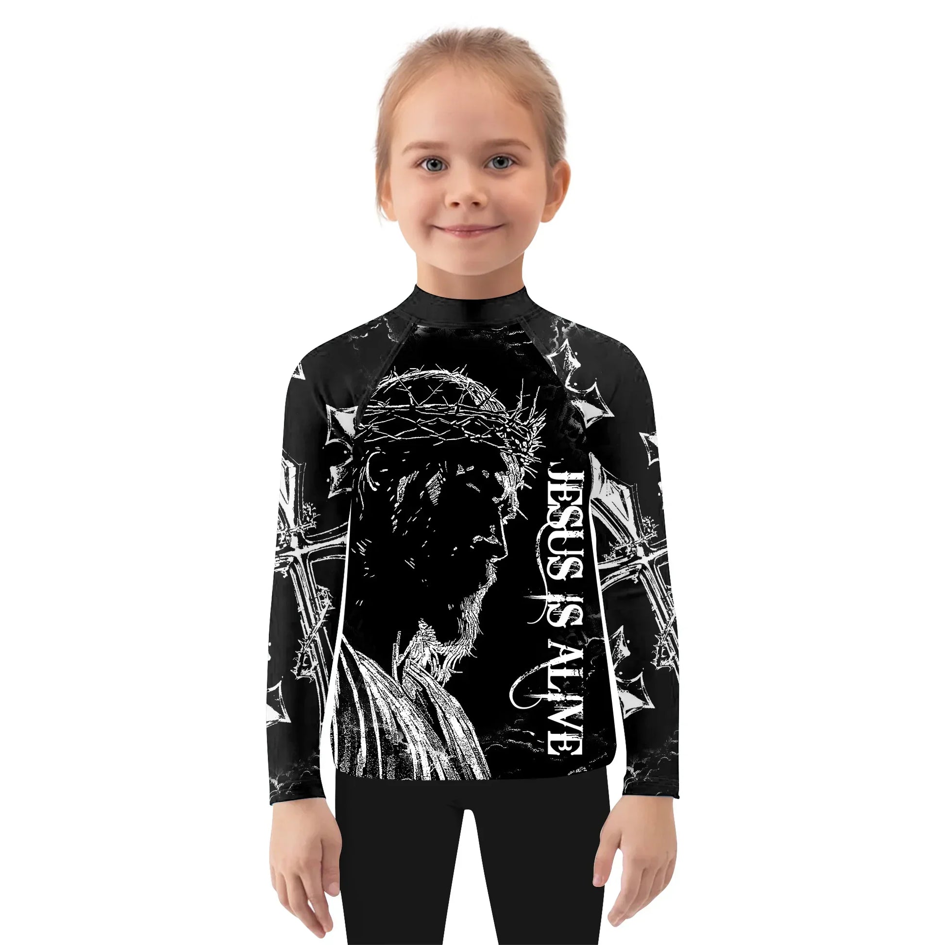 Jesus Is Alive Kids Rash Guard Long Sleeve - girl's lifestyle view