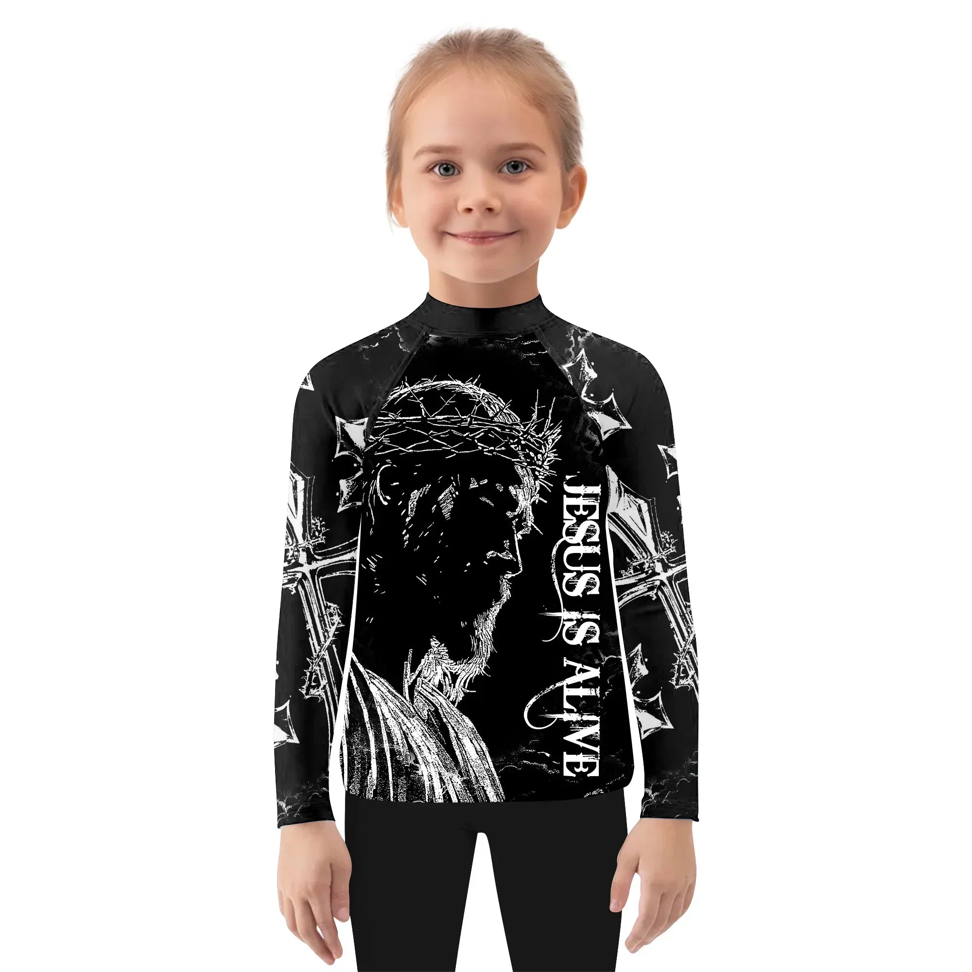 Jesus Is Alive Kids Rash Guard Long Sleeve - girl's lifestyle view