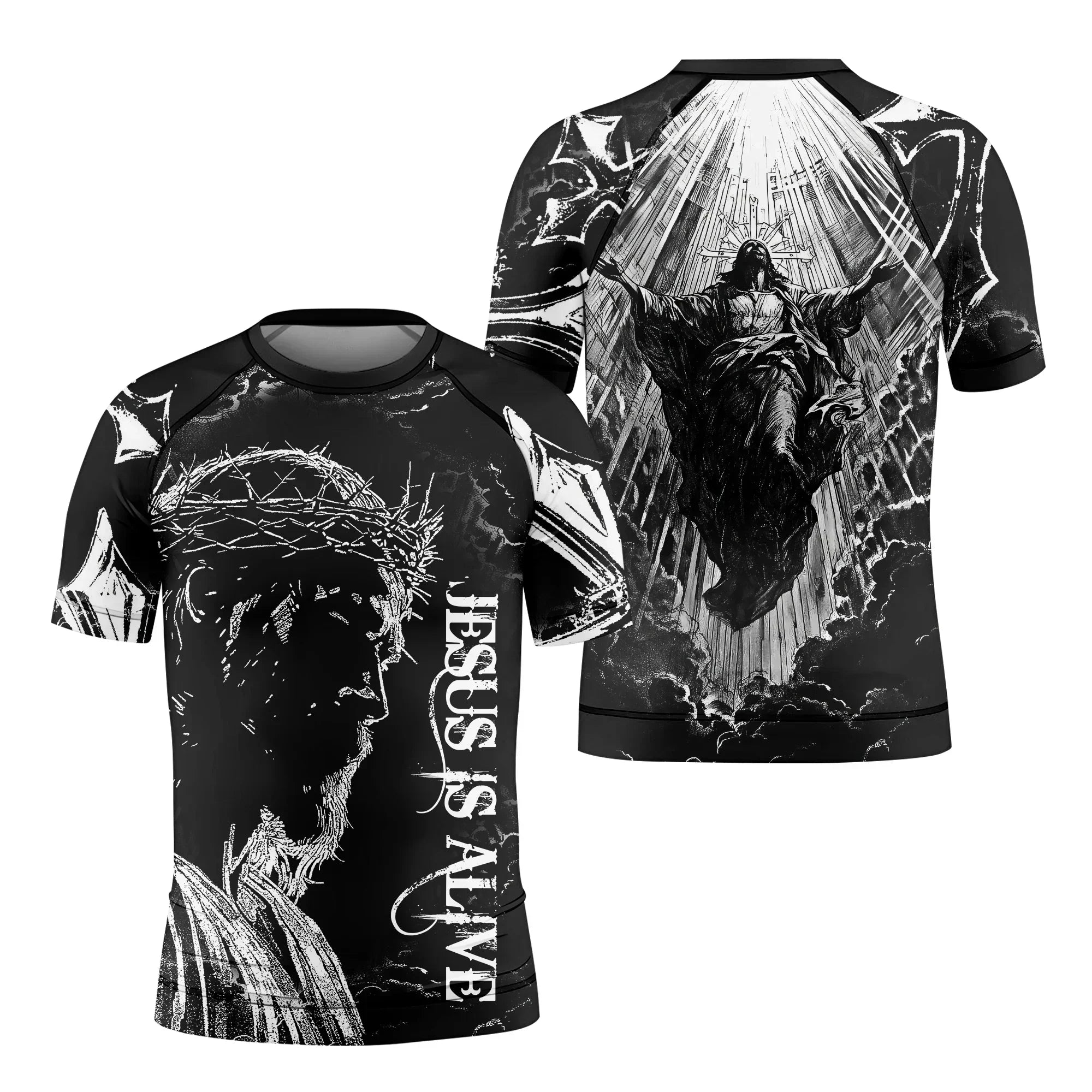 Jesus Is Alive Kids Rash Guard Short Sleeve - front and back view