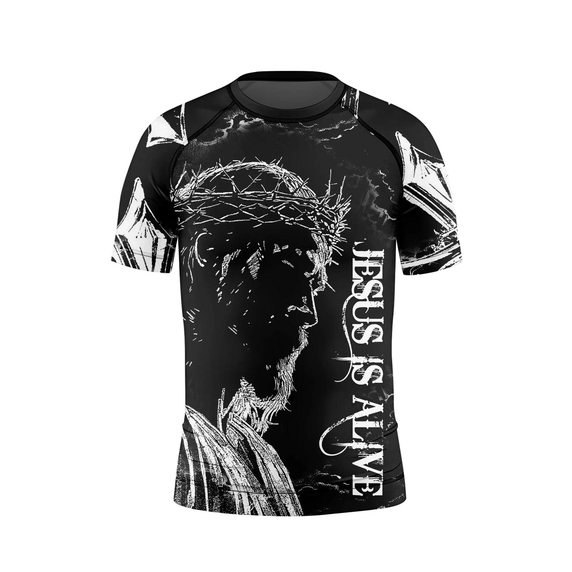 Jesus Is Alive Kids Rash Guard Short Sleeve - front view mockup