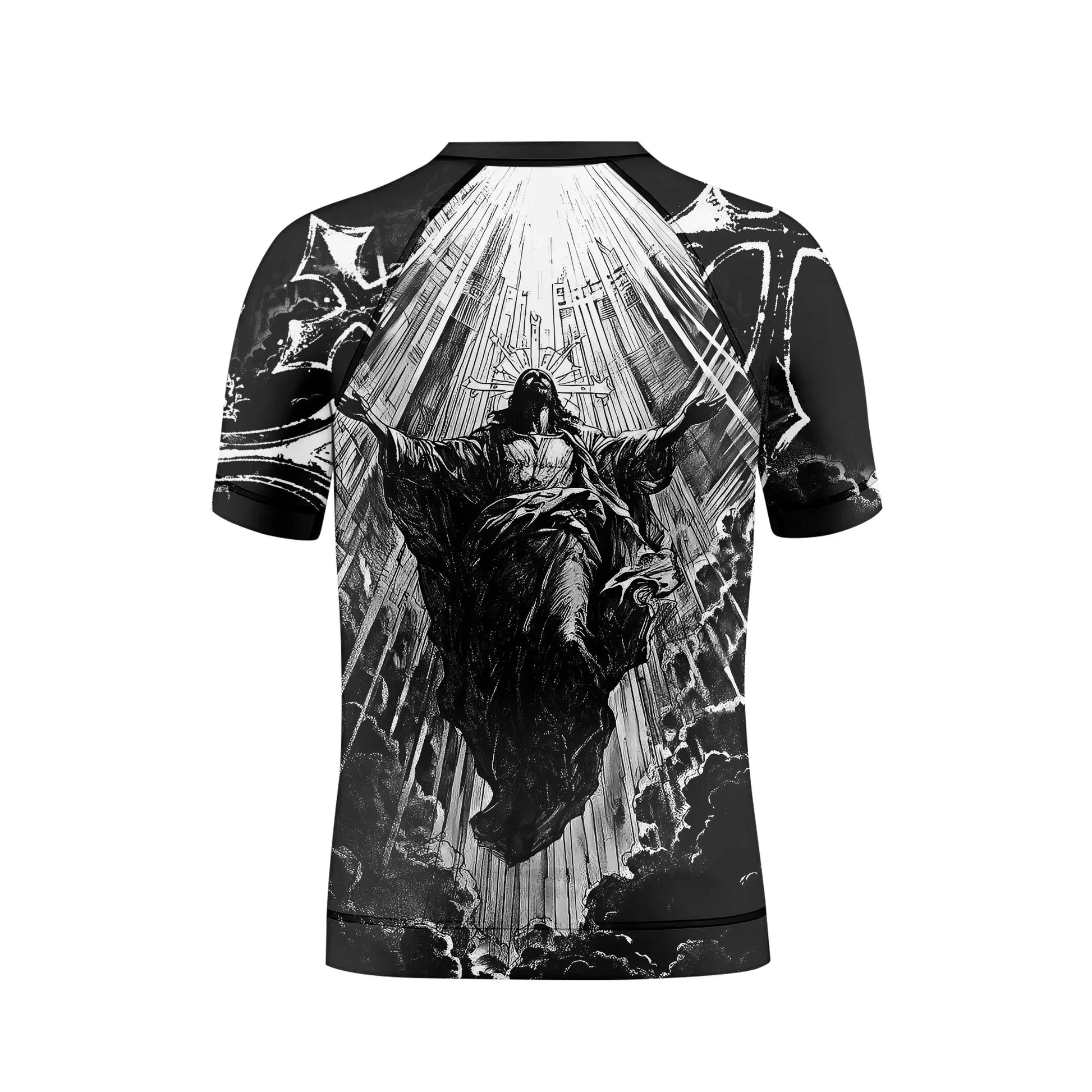 Jesus Is Alive Kids Rash Guard Short Sleeve - back view mockup