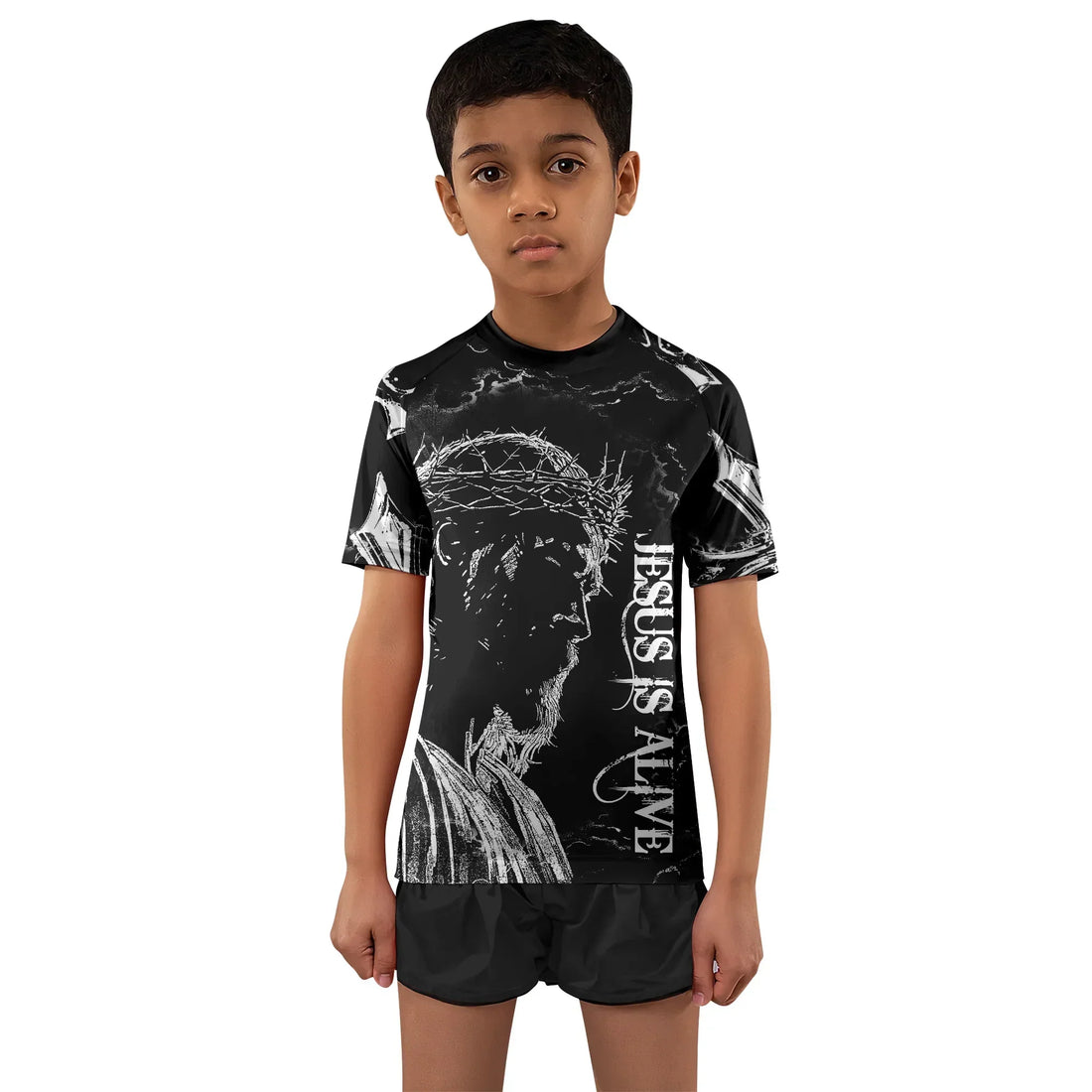 Jesus Is Alive Kids Rash Guard Short Sleeve - boy's lifestyle view