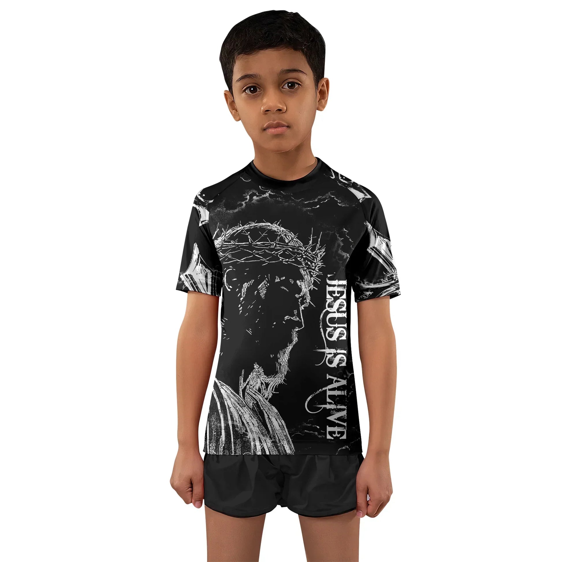 Jesus Is Alive Kids Rash Guard Short Sleeve - boy's lifestyle view