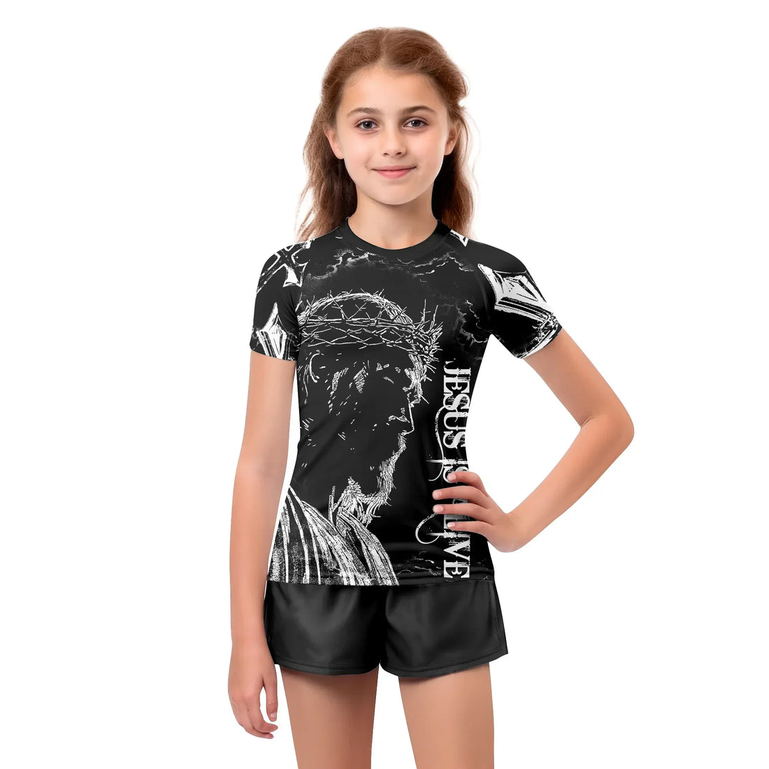 Jesus Is Alive Kids Rash Guard Short Sleeve - boy's lifestyle view