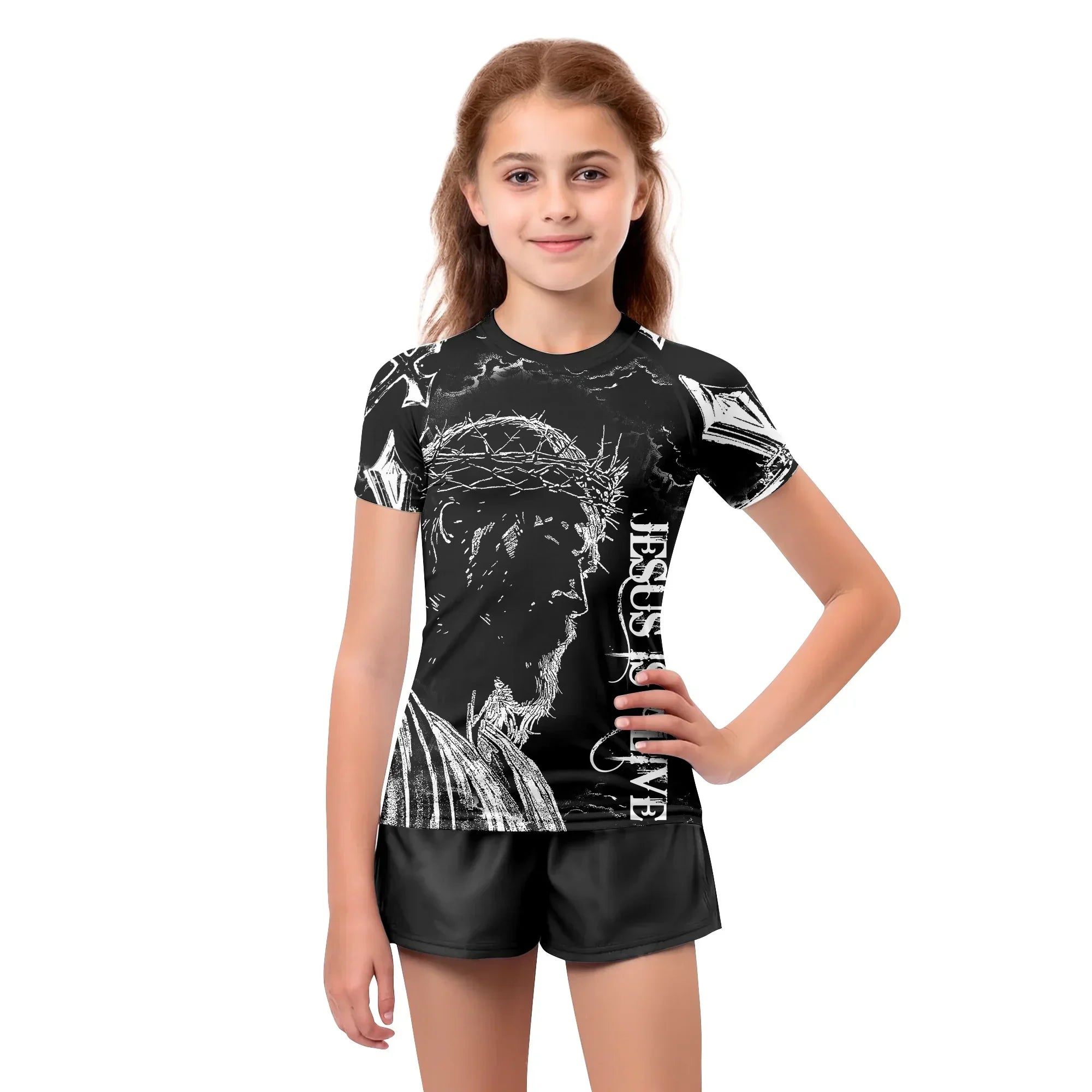 Jesus Is Alive Kids Rash Guard Short Sleeve - girl's lifestyle view