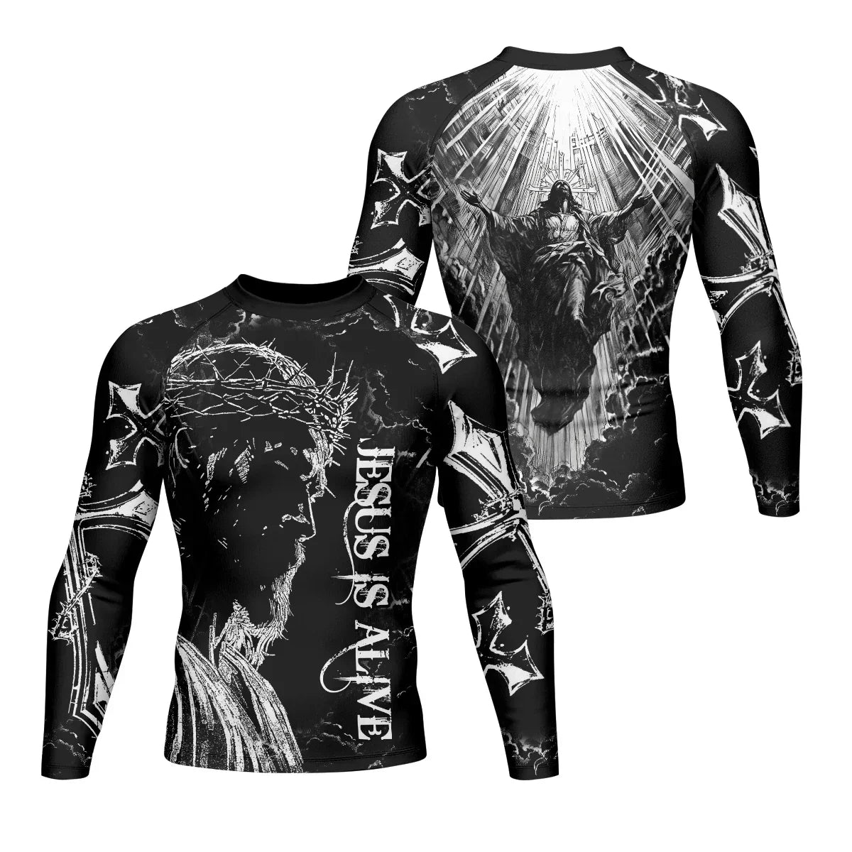 Jesus Is Alive Men's Rash Guard Long Sleeve - front and back view