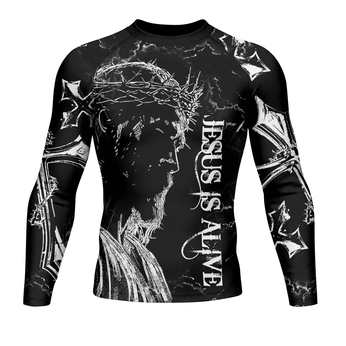 Jesus Is Alive Men's Rash Guard Long Sleeve - front view mockup