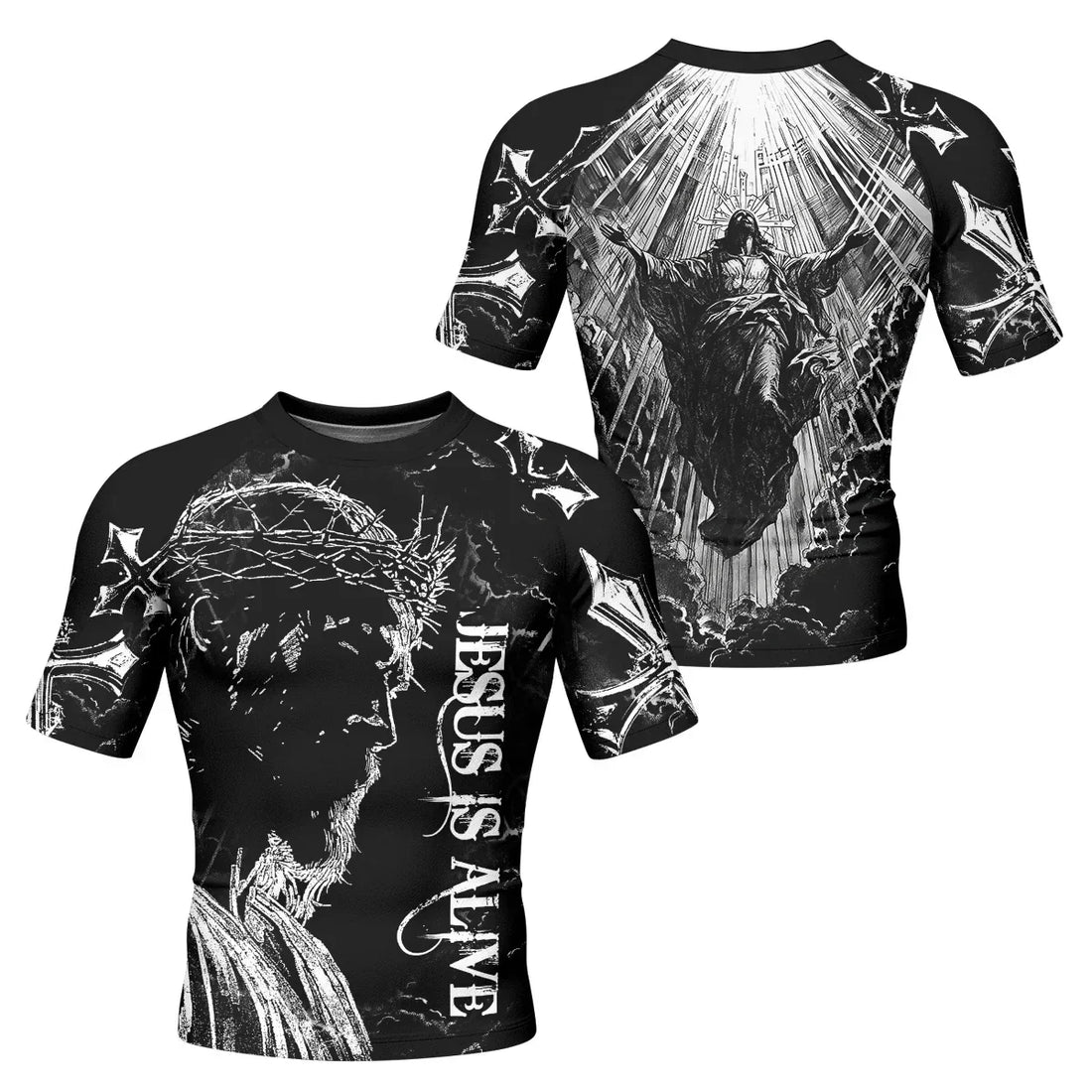Jesus Is Alive Men's Rash Guard Short Sleeve - front and back view