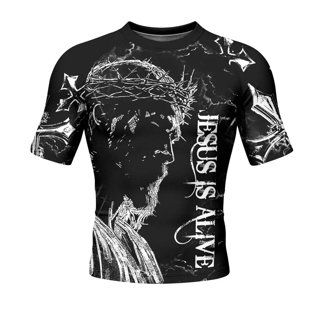 Jesus Is Alive Men's Rash Guard Short Sleeve - front and back view