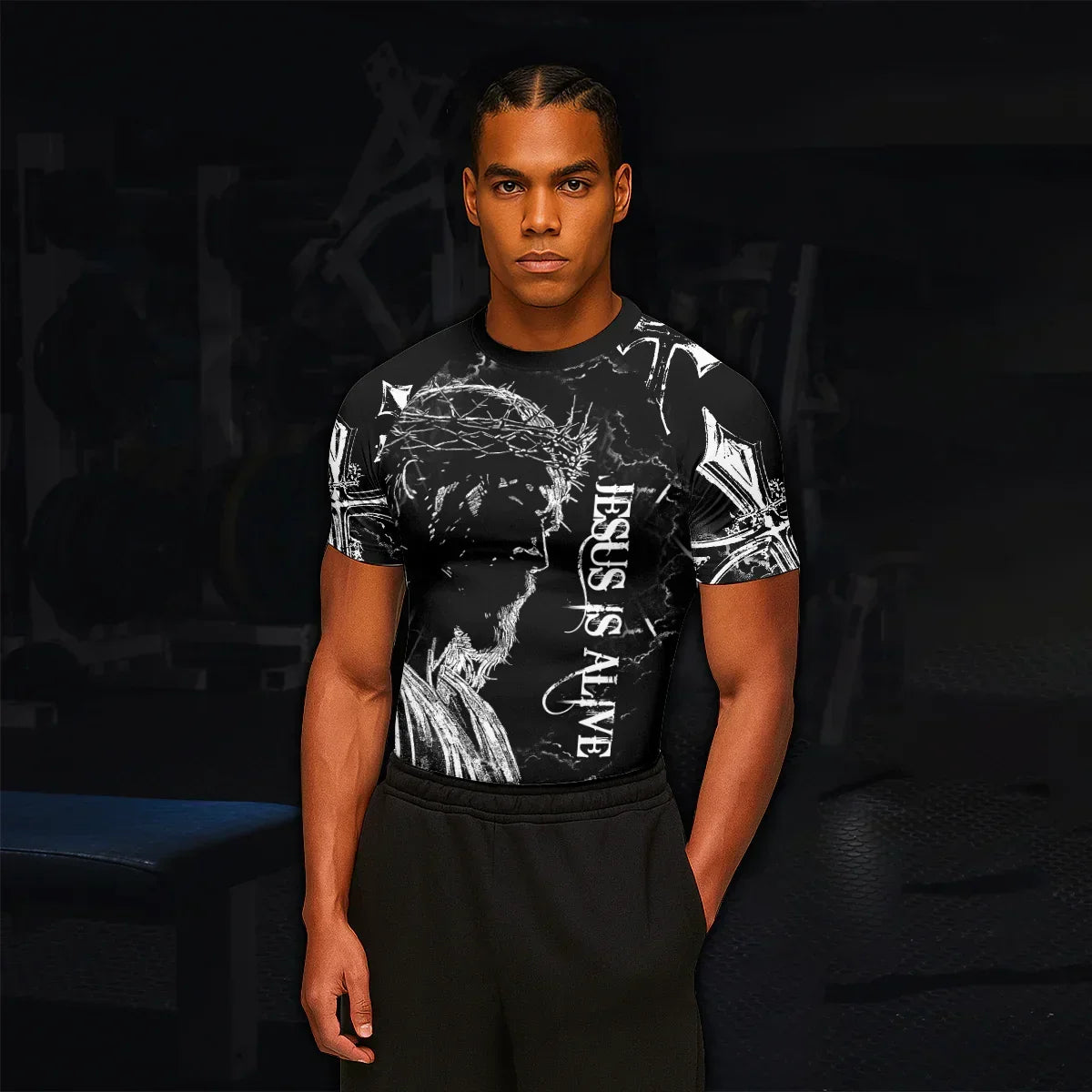Jesus Is Alive Men's Rash Guard Short Sleeve - lifestyle view