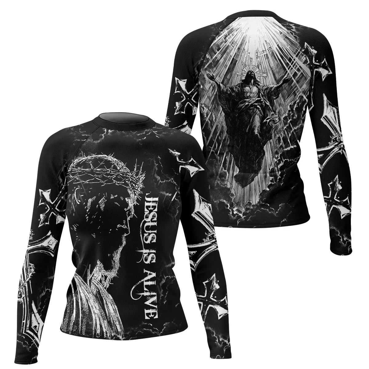 Jesus Is Alive Women's Rash Guard Long Sleeve - front and back view