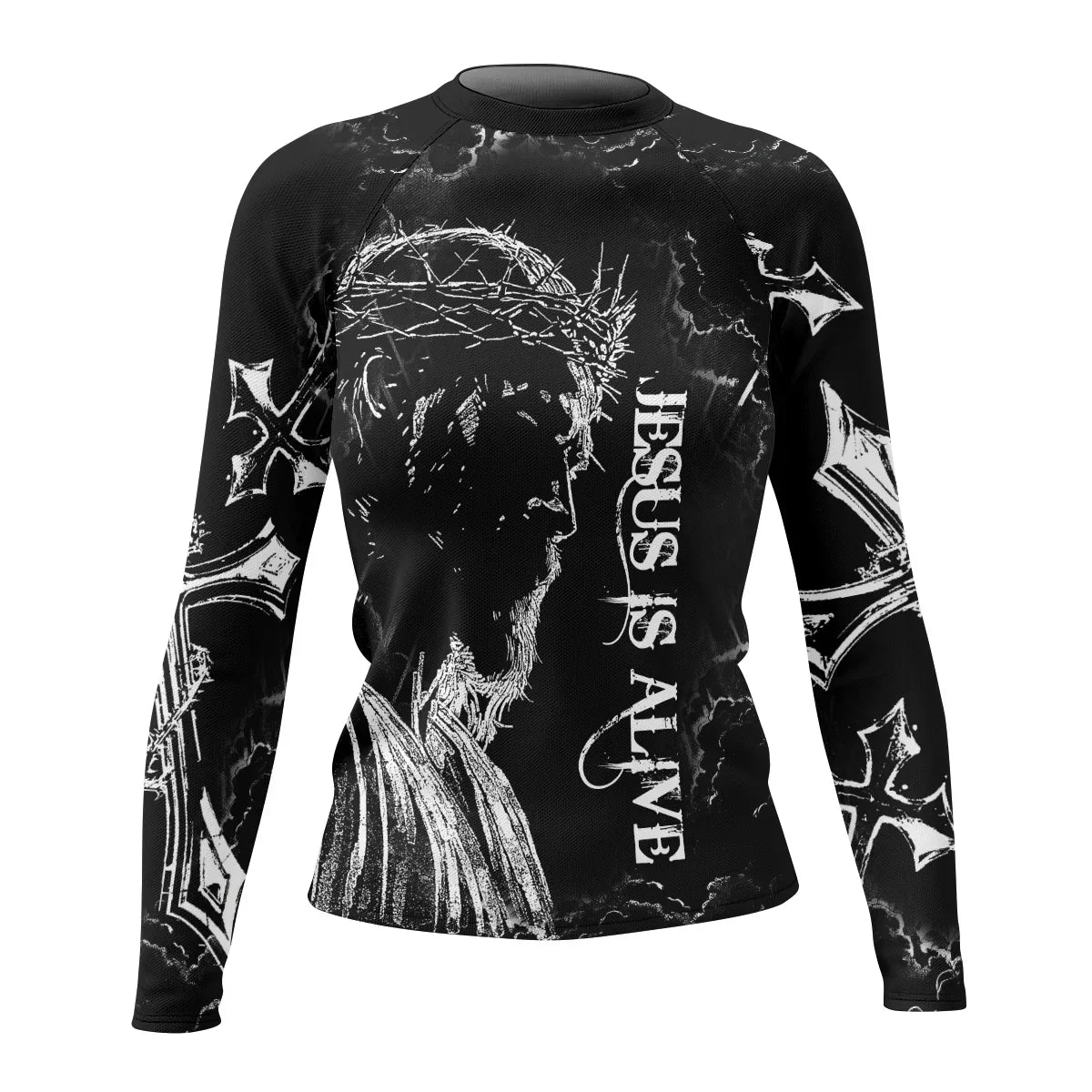Jesus Is Alive Women's Rash Guard Long Sleeve - front view mockup