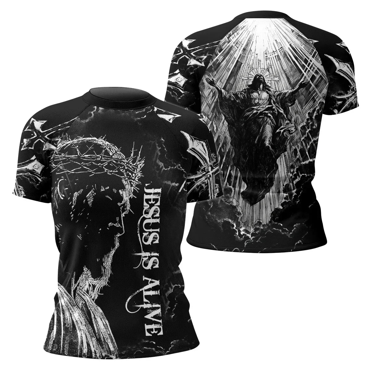 Jesus Is Alive Women's Rash Guard Short Sleeve - front and back view