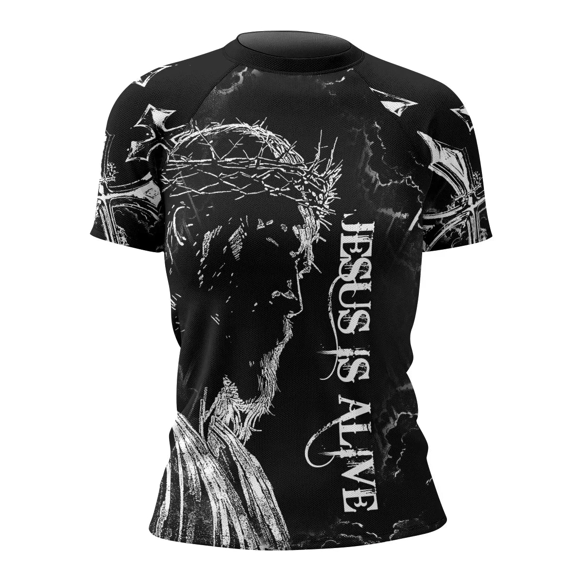 Jesus Is Alive Women's Rash Guard Short Sleeve - front view mockup