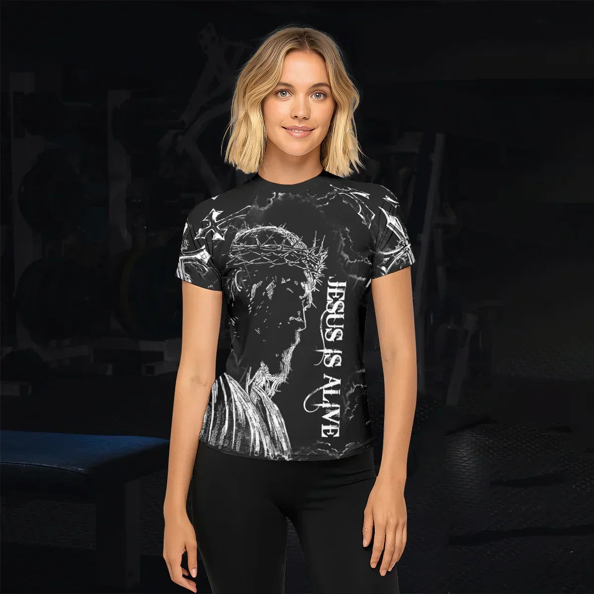 Jesus Is Alive Women's Rash Guard Short Sleeve - lifestyle view