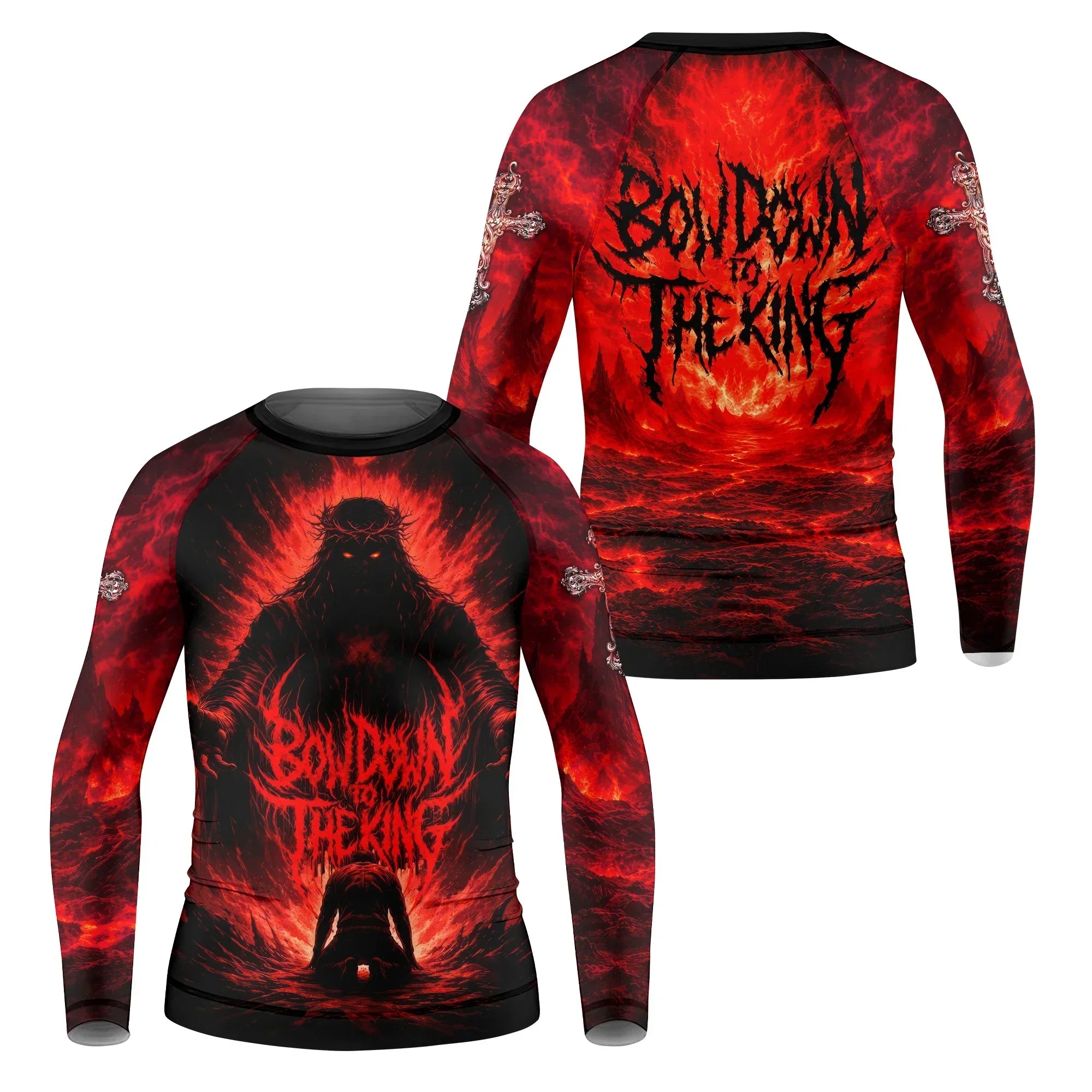 Bow Down To The King Kids Rash Guard Long Sleeve - front and back view