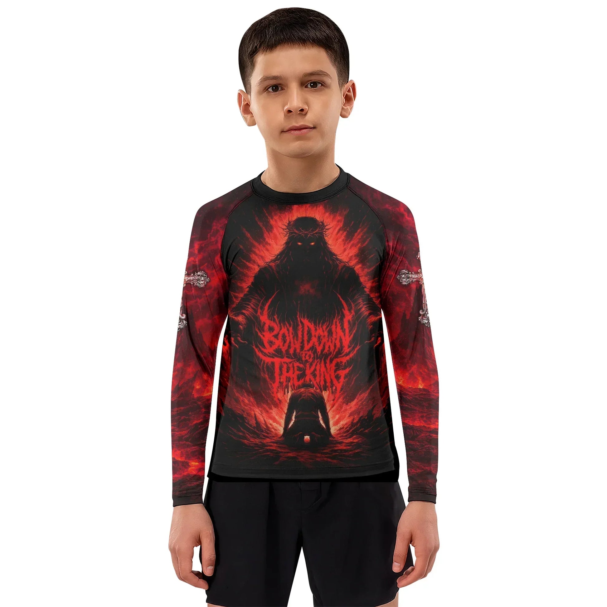 Bow Down To The King Kids Rash Guard Long Sleeve - boy's lifestyle view