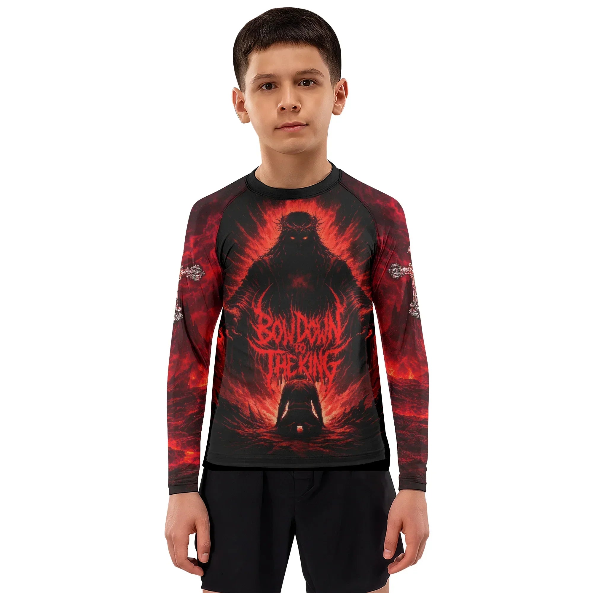 Bow Down To The King Kids Rash Guard Long Sleeve - boy's lifestyle view